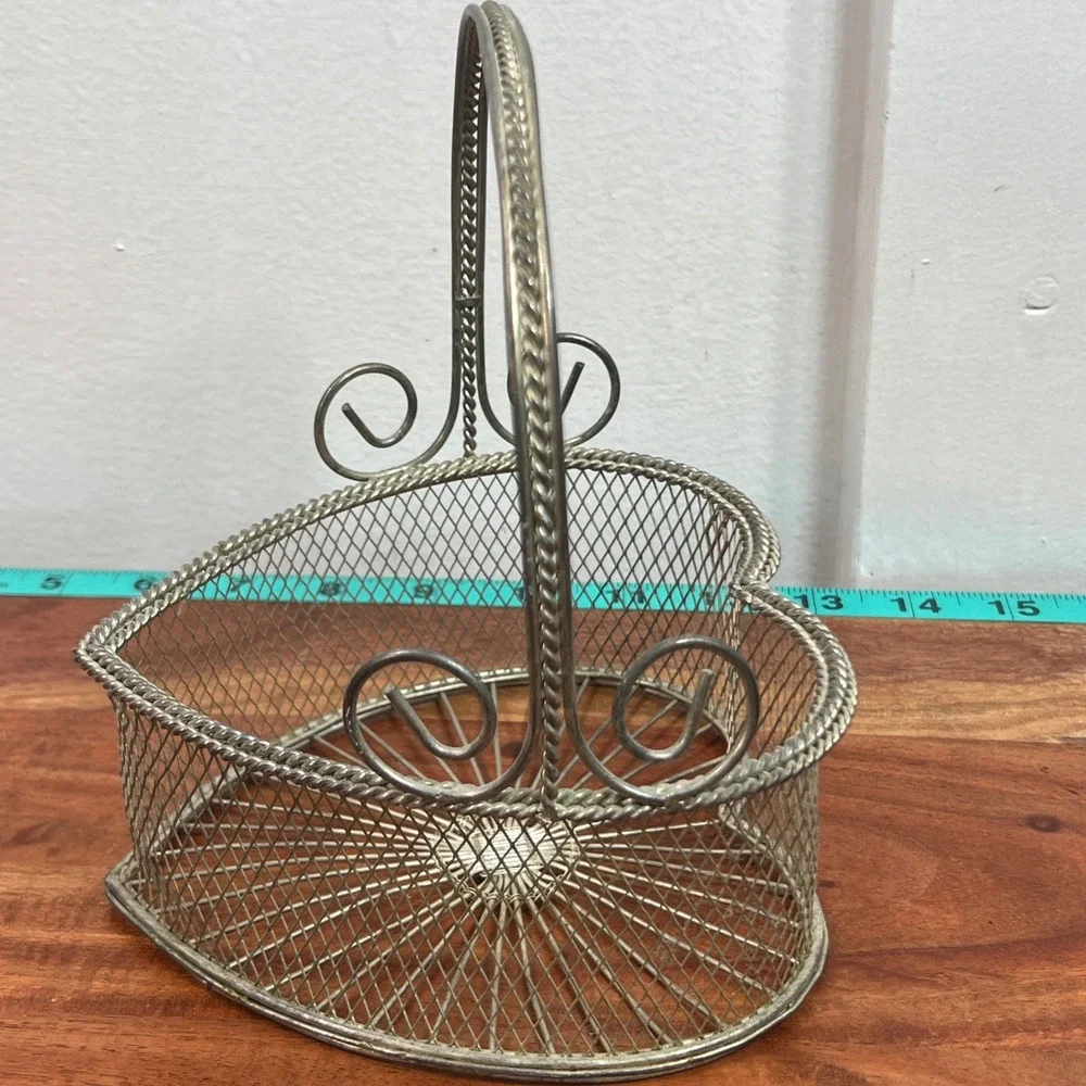 Vintage Silver Heart Shaped Wire Mesh Basket with Handle Scroll Detail Decor